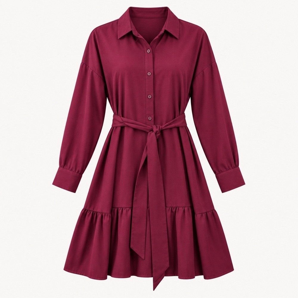 Nine West Burgundy Shirt Dress Size L Long Sleeve Ruffle Hem Dark Academia
